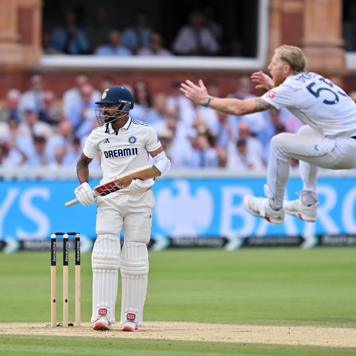 A dramatic moment from a Test match, capturing the intensity of the game