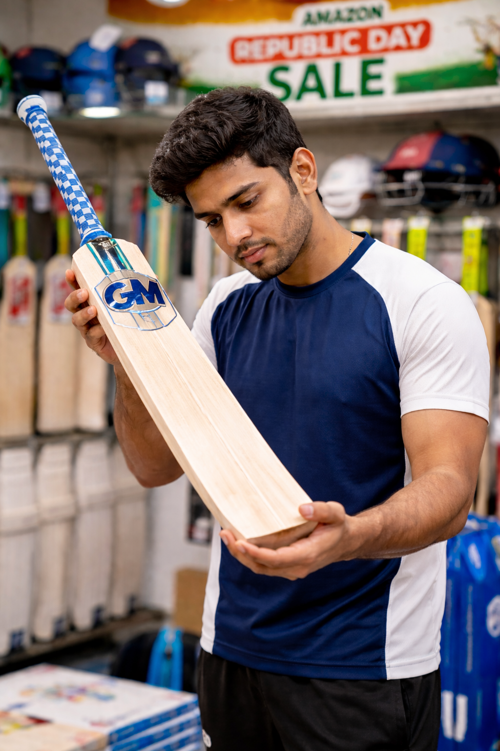 Cricketer inspecting English Willow grain quality during Amazon Republic Day cricket deals