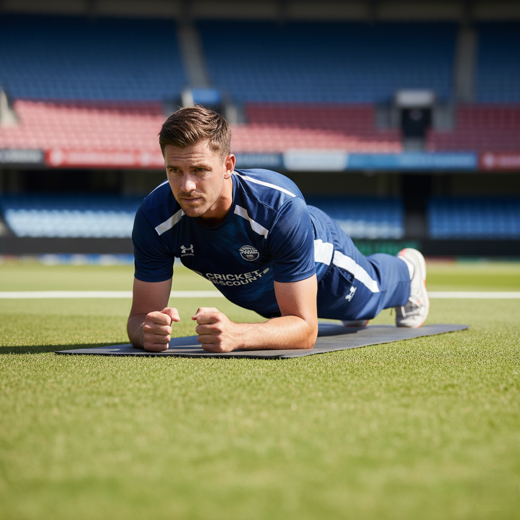 Cricketer performing plank exercise on mat